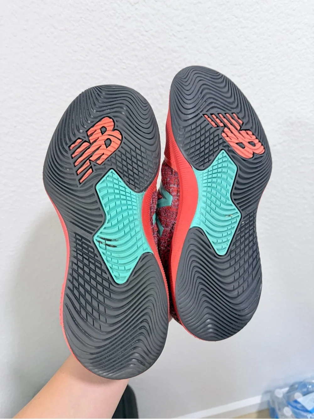 New Balance Red Knit Sneaker with Teal Logo tennis shoes